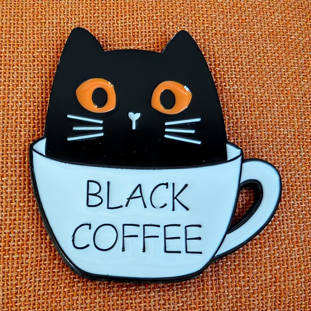 Black Cat in White 'Black Coffee' Mug Enamel Pin